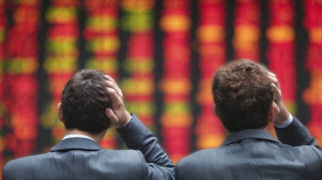 Investors look at stock market screen with concern in a trading room during business hours