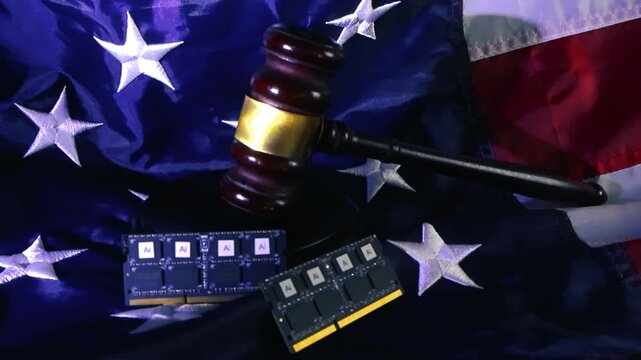 American law and artificial intelligence regulation concept showing a wooden gavel and computer memory chips with AI logo on a national flag of the United States