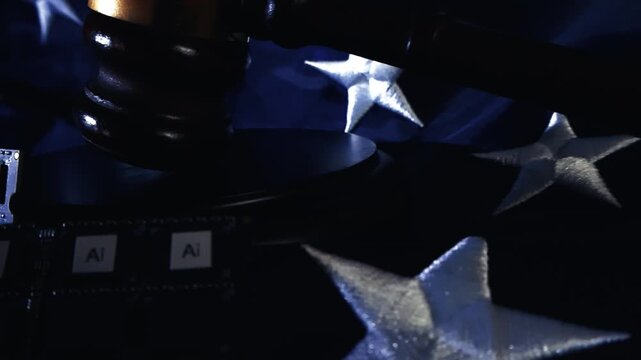 Conceptual video showing a judge's gavel and computer chips marked with AI placed over the American flag, symbolizing the legal challenges and regulations of artificial intelligence in the USA