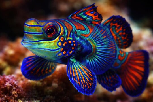 Colorful Mandarinfish Swimming Among Coral Reefs in Vibrant Underwater Scene