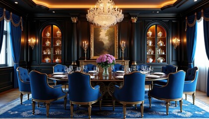Fototapeta premium Luxurious dining room with plush blue velvet chairs and gold accents. Ornate chandelier illuminates formal table setting. Elegant wall paneling and display cabinets with china create regal atmosphere.