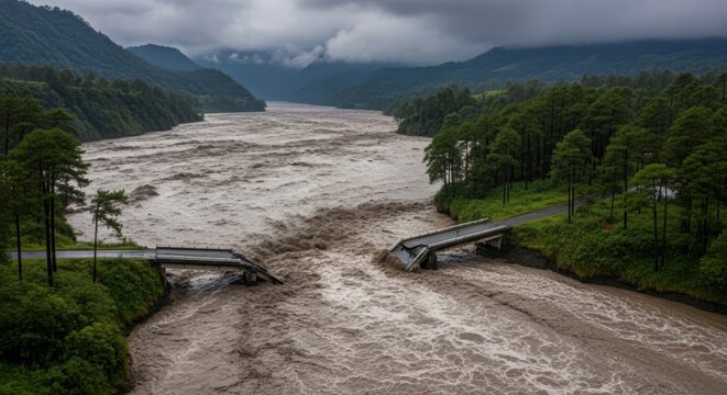 Devastating floodwaters rip through a broken bridge amidst a raging muddy river in a stormy valley landscape