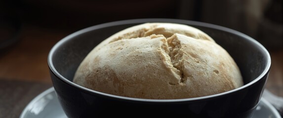 Naklejka premium Artisan Bread Loaf Rising in a Dark Bowl on a Wooden Surface