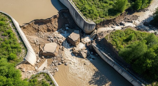 Drone view of a concrete spillway severely damaged and breaking apart from intense water flow and erosion