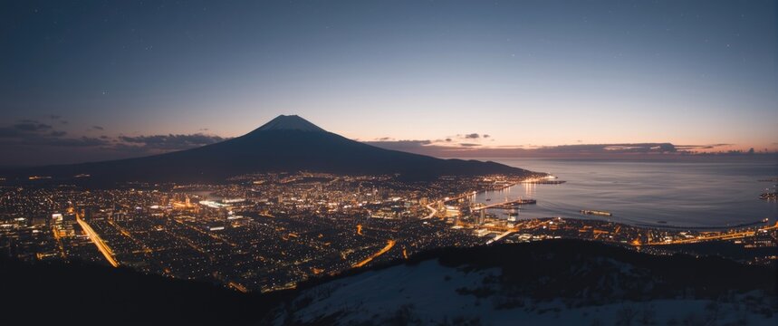 Mount Fuji Overlooking a Cityscape at Twilight with Ocean View