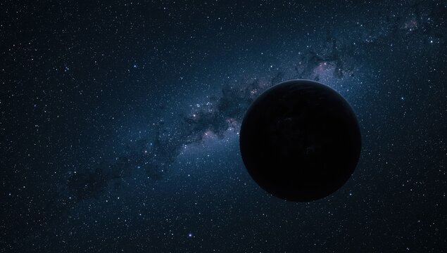 Dark Planet Silhouetted Against a Starry Night Sky with Cosmic Nebula