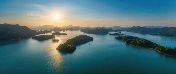 Fototapeta premium Aerial View of Scenic Lake with Islands During Sunset in Warm Light