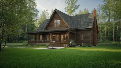 Obraz premium Rustic Wooden House Surrounded by Green Grass and Trees in Natural Light