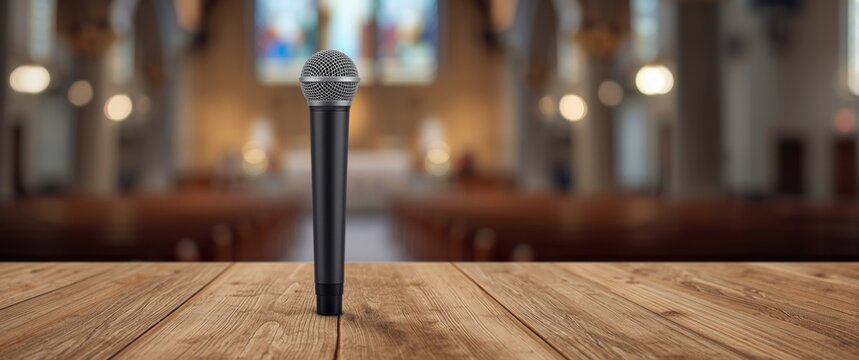Microphone Standing on a Wooden Podium in a Church Interior with Blurred Background