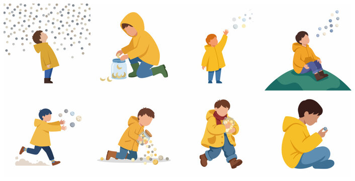 Whimsical vector illustration set of a little boy in a yellow raincoat playing with bubbles, snow, and magic moons in jars