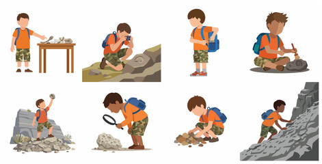 Young boy exploring fossils and stones illustration set. Paleontologist character collection including finding fossils, using magnifying glass, taking photos, and climbing rocks. © cantik