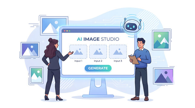 Digital illustration of people using ai image studio interface on large monitor with robot assistant for graphic design and generation.
