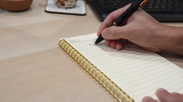 Close-up of a person's hand using a black pen to write a to do list in a spiral notebook. The handwritten notes rest on a light wooden office desk next to a computer keyboard indoors.