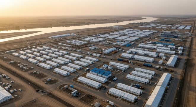Expansive humanitarian refugee camp with rows of temporary shelters and tents by a river, showcasing large-scale aid efforts.