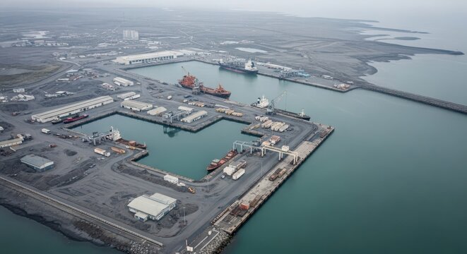 Expansive industrial port facilities with ships and cranes on a cloudy day