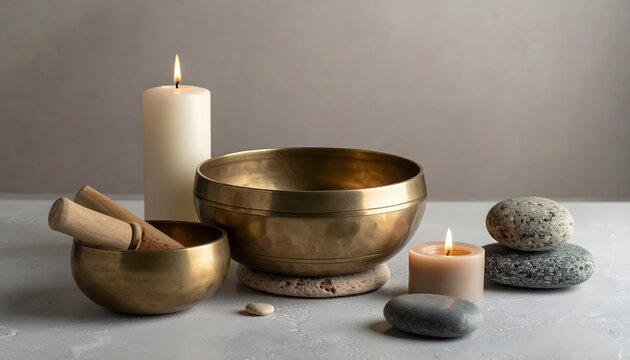 Cuenco tibetano con vela encendida, piedras y mazo de madera en ambiente sereno de meditaci&oacute;n y bienestar