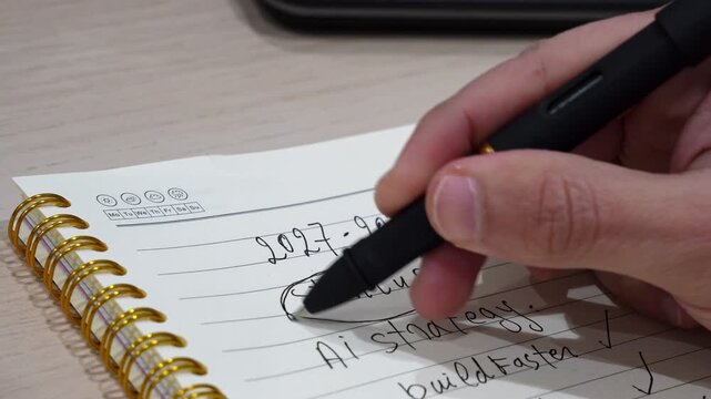 a person's hand holding a black pen and drawing a circle around the handwritten word startup in a spiral notebook. The business strategy notes rest on a wooden office desk indoors.