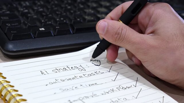 Close-up of a person's hand using a black pen to write an AI strategy checklist in a spiral notebook. The handwritten notes sit on a wooden office desk next to a black computer keyboard.