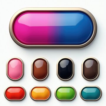Collection of oval glossy buttons with metallic frames in multiple colors like pink, brown, black, red, orange, green, blue. Large button displays pink to blue gradient.