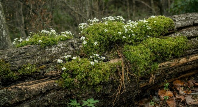Moss and White Flowers Growing on a Fallen Log in a Forest Setting
