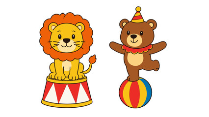 Fototapeta premium Cute circus lion and bear balancing on colorful ball vector