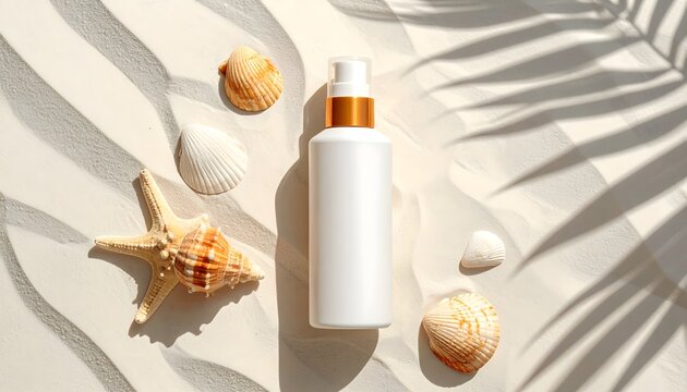 Envase de protector solar con conchas y estrella de mar sobre fondo claro con sombras de palmera