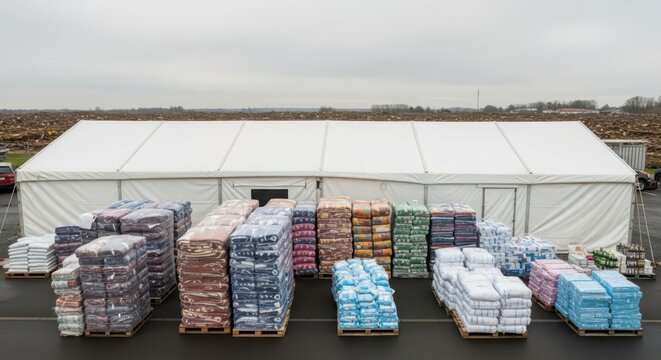 Expansive temporary warehouse storing diverse bagged goods on pallets, awaiting distribution and logistics