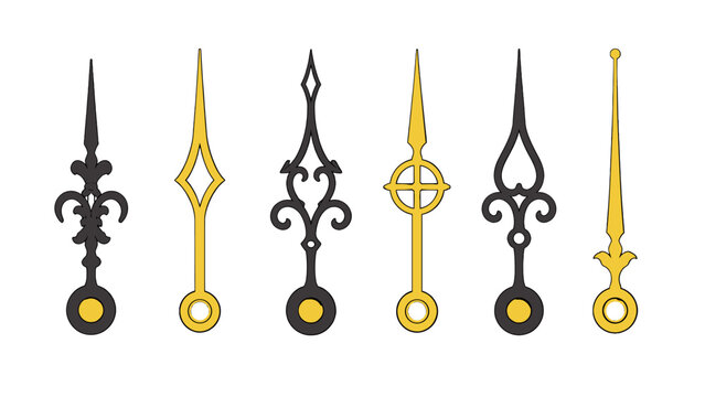 Set of ornate clock hands in black and gold vector design