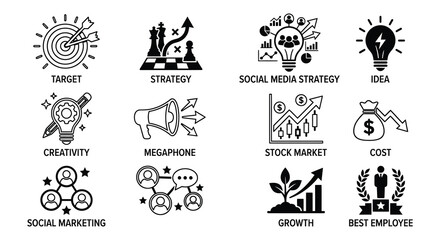 Naklejka premium Flat Vector Icons Target Idea Growth Social Cost And Employee