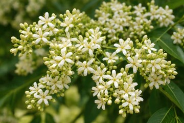 Fototapeta premium White Flower Cluster on Green Leaves - Close-Up, Natural Setting, Fresh Mood