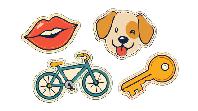 Colorful cartoon sticker set with lips dog bicycle and key