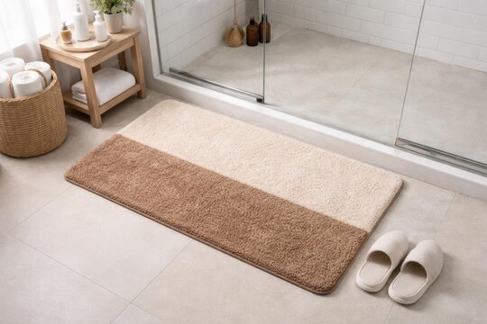 Plush Bath Mat with Beige and Brown Stripes in Modern Bathroom Setting
