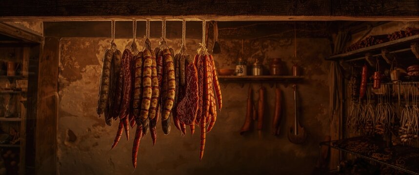 Hanging Sausages in an Old Rustic Kitchen with Warm Light