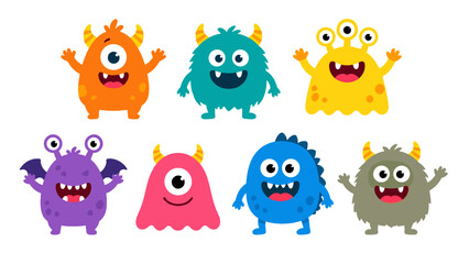 Fototapeta premium Set of colorful cute cartoon monster characters on white