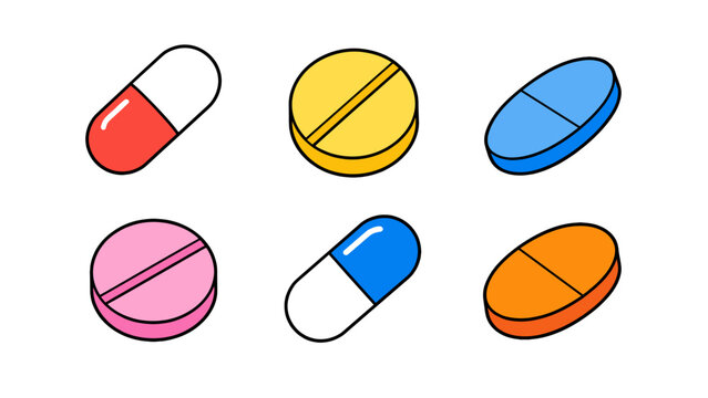 Colorful medicine pills and capsules vector set on white