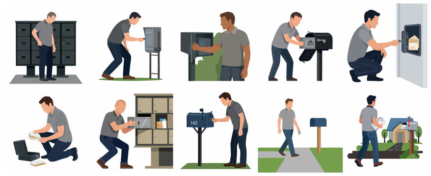 Set of men checking mailboxes, opening lockers and delivering letters in flat vector style