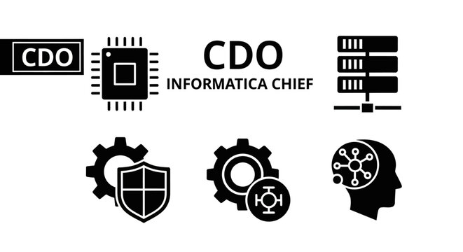 CDO Information Security and Data Protection Icons: Chip, Shield, Gear, and Text