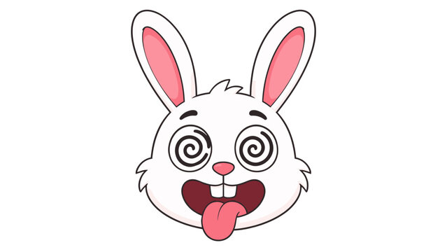 Cartoon rabbit head with spiral eyes and tongue out