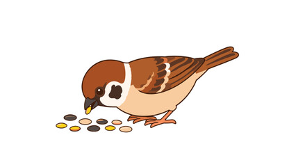 Fototapeta premium Cartoon sparrow eating scattered seeds on white background