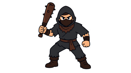 Fototapeta premium Cartoon masked hooded fighter holding a spiked club