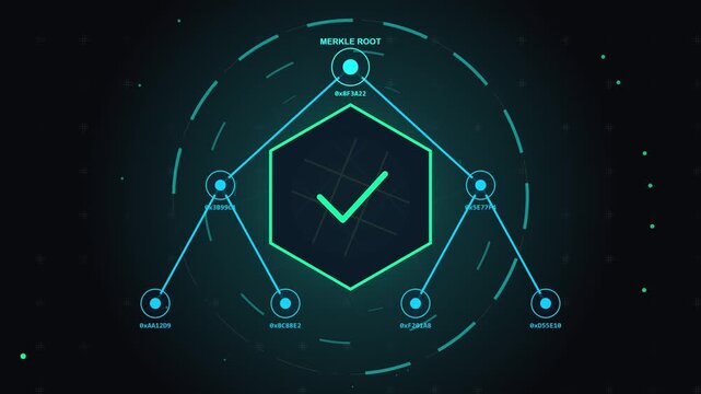 Blockchain Merkle tree verification animation showing network node data validation with a green check mark