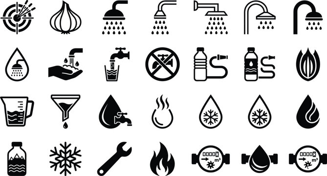 Water supply plumbing and bathroom hygiene glyph icons set featuring shower heads faucets meters drops and plumbing tools vector