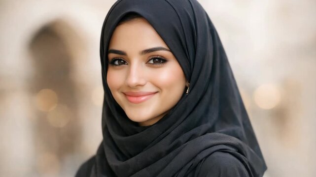 A young woman wearing a black hijab and a long sleeved top is smiling at the camera. She has brown eyes and her hair is covered by the hijab.