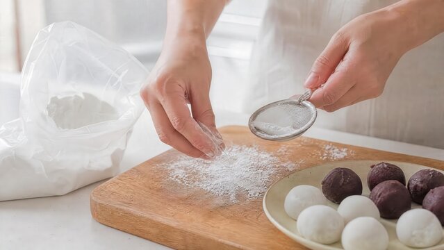 Home baking scene with flour dusting and colorful dough balls on board