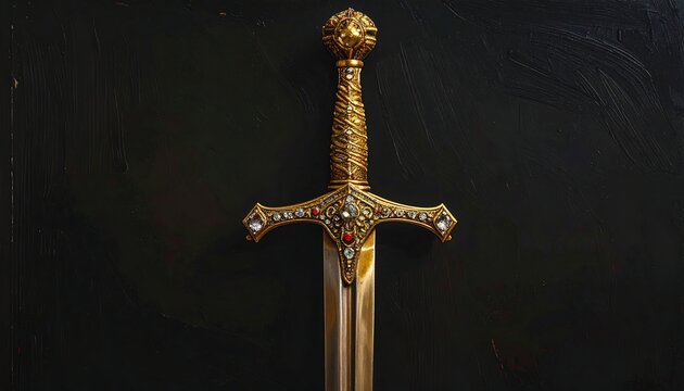 Realistic golden sword featuring a polished metallic blade and an ornate jewel encrusted handle, isolated on a solid black background.