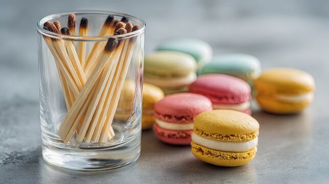 A clear glass filled with matches placed beside colorful macarons, creating a simple yet visually striking still life composition