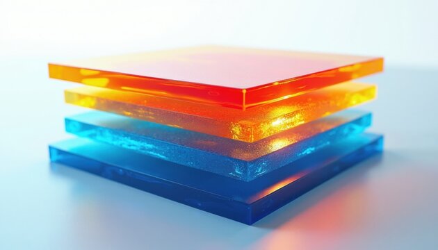 Stacked translucent colored glass plates representing phase change material concept. Modern thermal energy storage system layers show heat transfer efficiency science. Transparent polymer slabs in