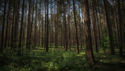 Obraz premium Tall Pine Trees in Dense Forest - Sunlit Green Underbrush, Natural Setting