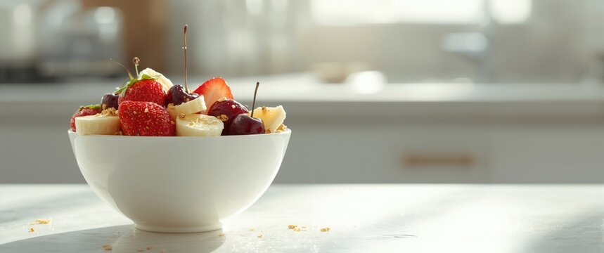 Fresh Fruit Salad in a White Bowl on a Kitchen Counter with Soft Light