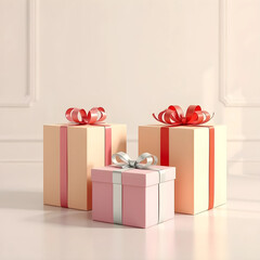 Fototapeta premium Three pastel gift boxes with ribbons in studio